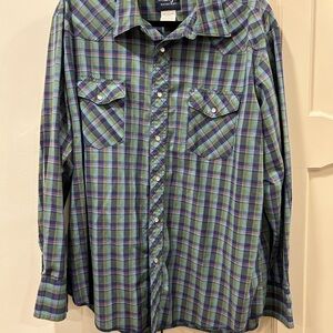 Wrangler Green Blue Casual Pearl Snaps Button Down Shirt